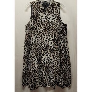 Adrianna Papell Sleeveless Trapeze Dress Leopard Collar Buttons Lined Midi Sz 14